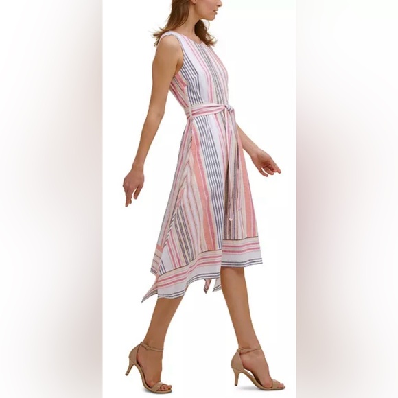 Karl Lagerfeld Paris Sleeveless Striped Asymmetric Handkerchief Midi Dress - Picture 10 of 12